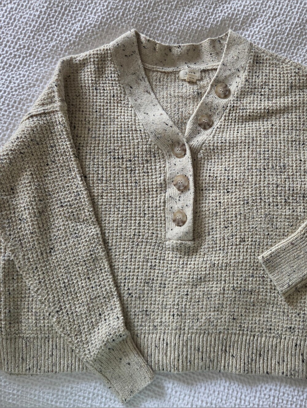 a.n.a Cream Speckled Button V-Neck Sweater